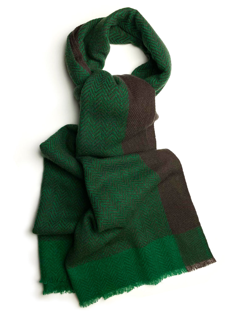 Pure Wool Herringbone Jacquard Scarf - GREEN/CHOCOLATE