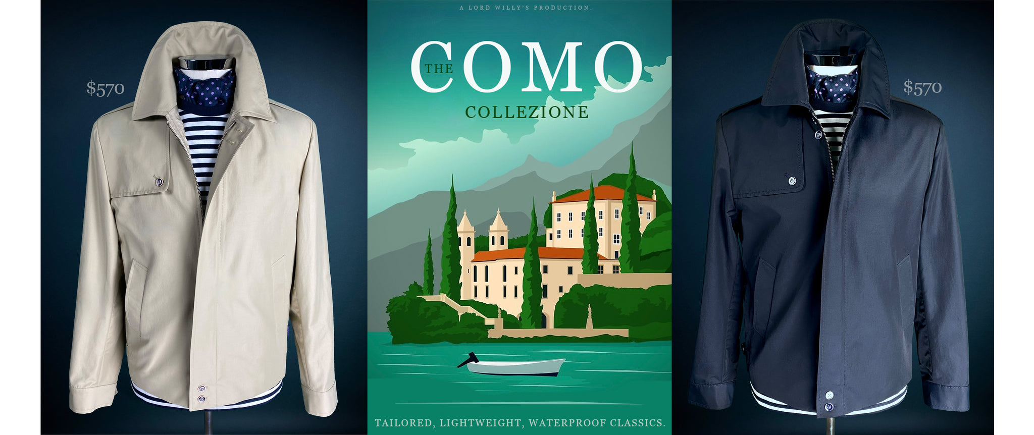 2 Harringtons are shown. One in navy, the other in tan. They are priced at $570 each. There is an illustration of Lake Como. 