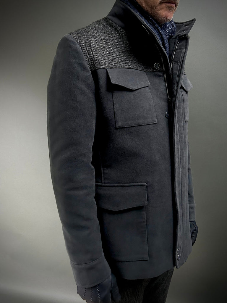 Grey Moleskin and Tweed Utility Coat.