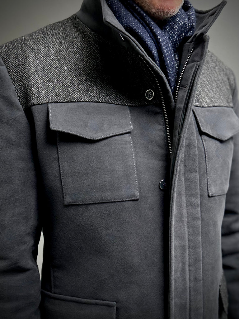 Grey Moleskin and Tweed Utility Coat.