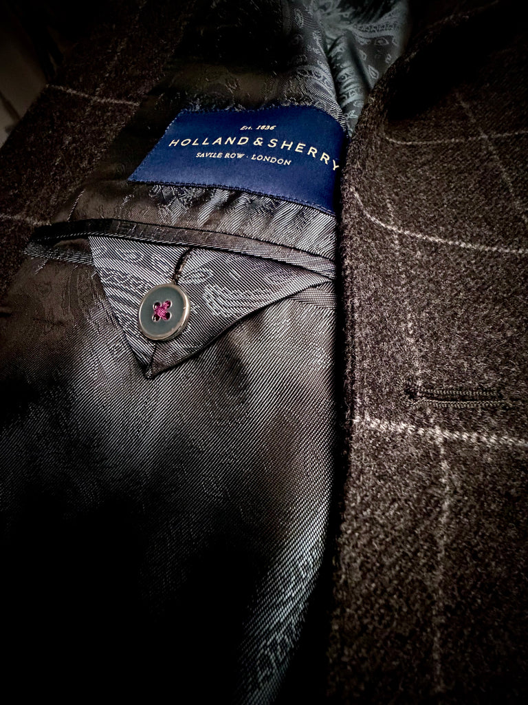 DARK GREY CHALK WINDOWPANE Lambswool/Cashmere Classic Cut Flannel Blazer.