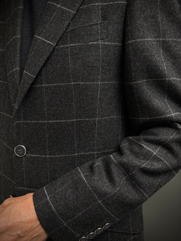 DARK GREY CHALK WINDOWPANE Lambswool/Cashmere Classic Cut Flannel Blazer.