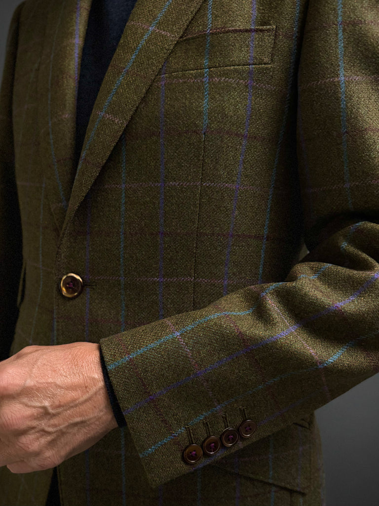 OLIVE WINDOW PANE TWEED. Classic Cut Blazer.
