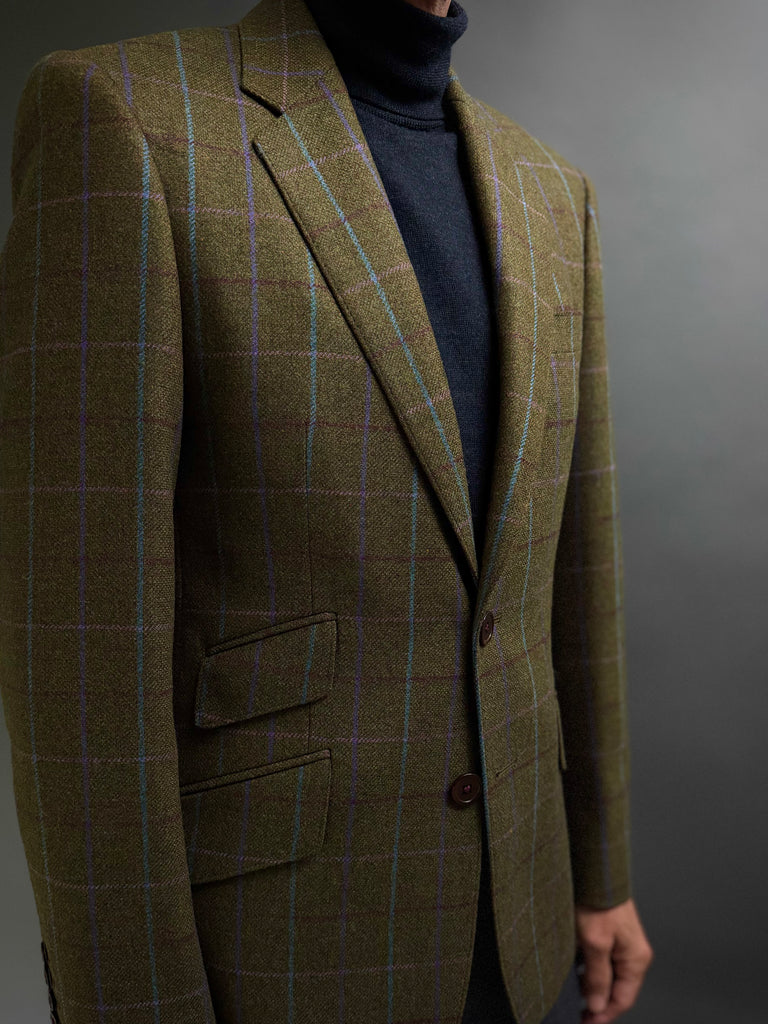 OLIVE WINDOW PANE TWEED. Classic Cut Blazer.