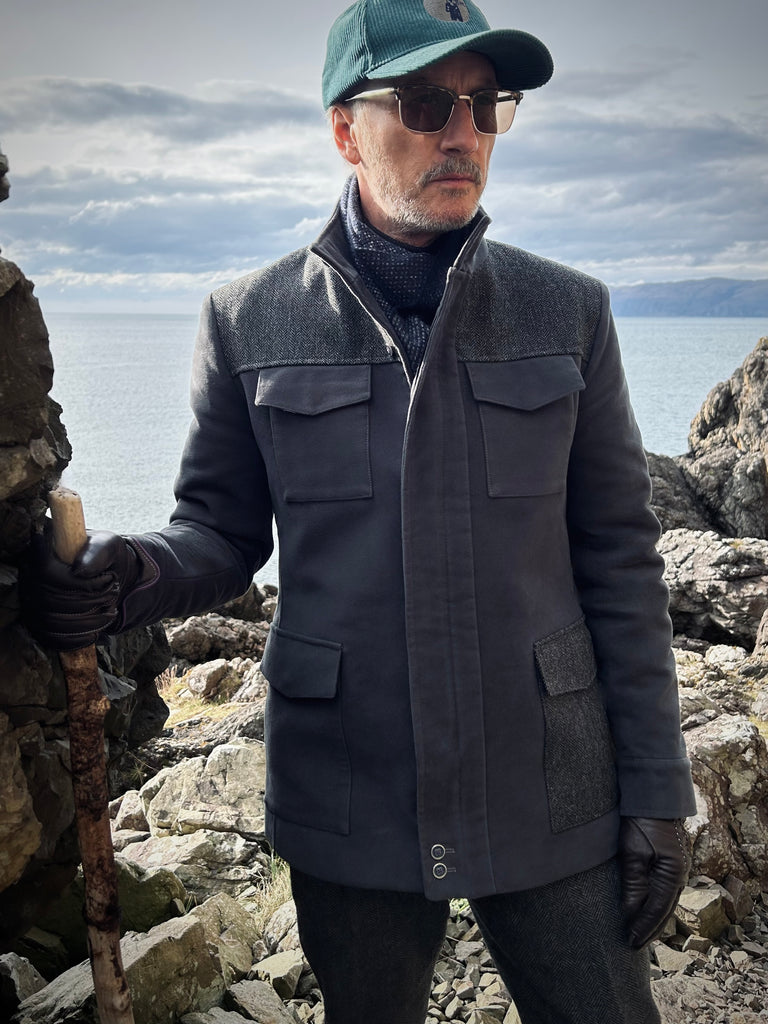 Grey Moleskin and Tweed Utility Coat.