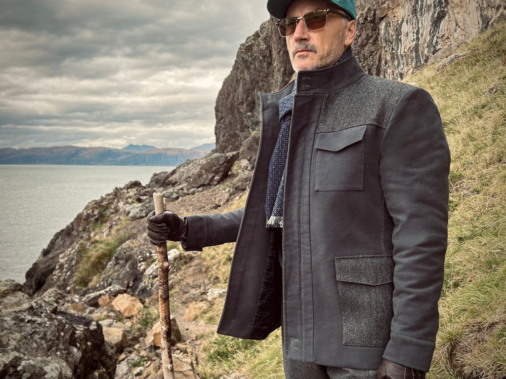 Grey Moleskin and Tweed Utility Coat.