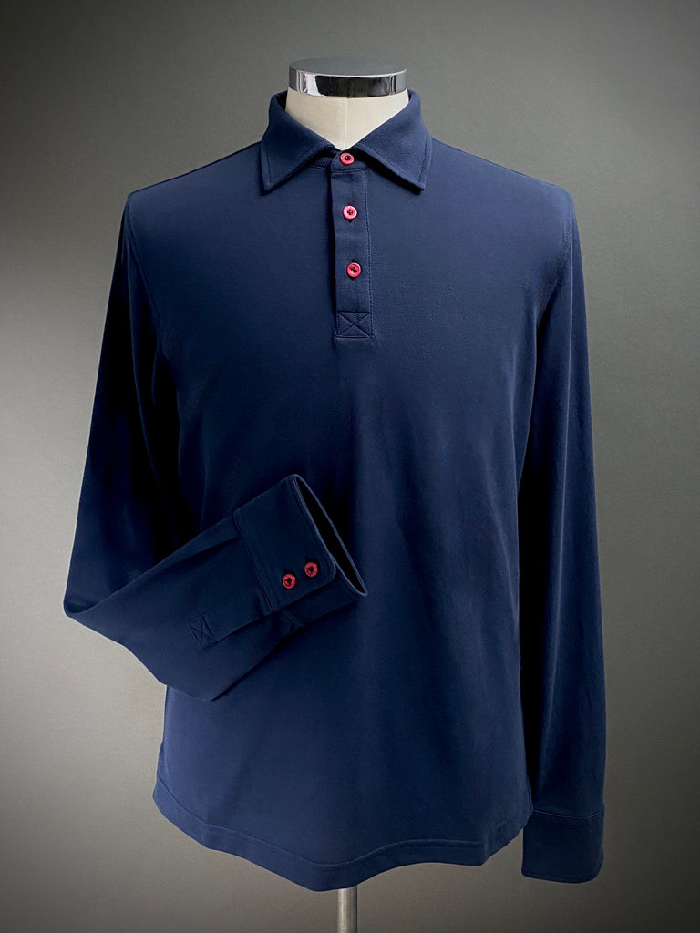 Long Sleeve Polo with RED Buttons.