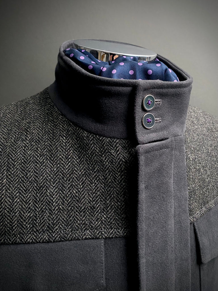 Grey Moleskin and Tweed Utility Coat.