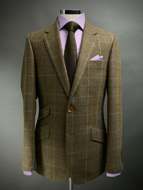 OLIVE WINDOW PANE TWEED. Classic Cut Blazer.