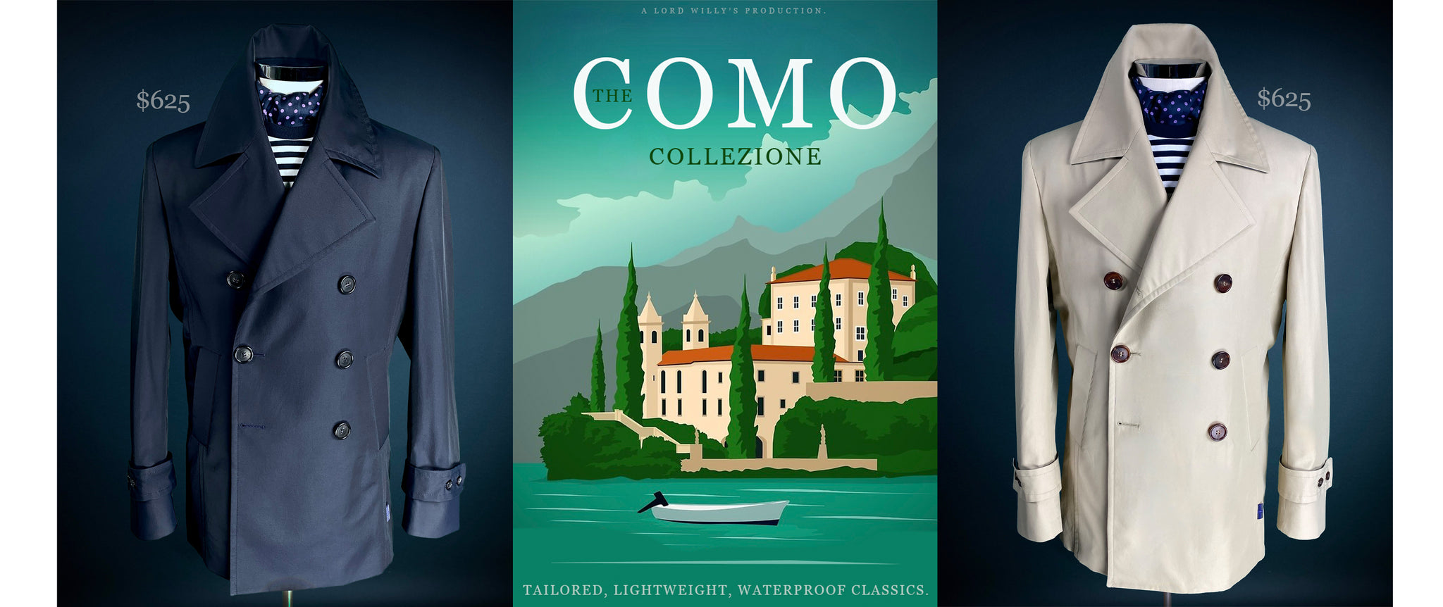 2 Peacoats are shown. One in navy, the other in tan. They are priced at $625 each. There is an illustration of Lake Como. 