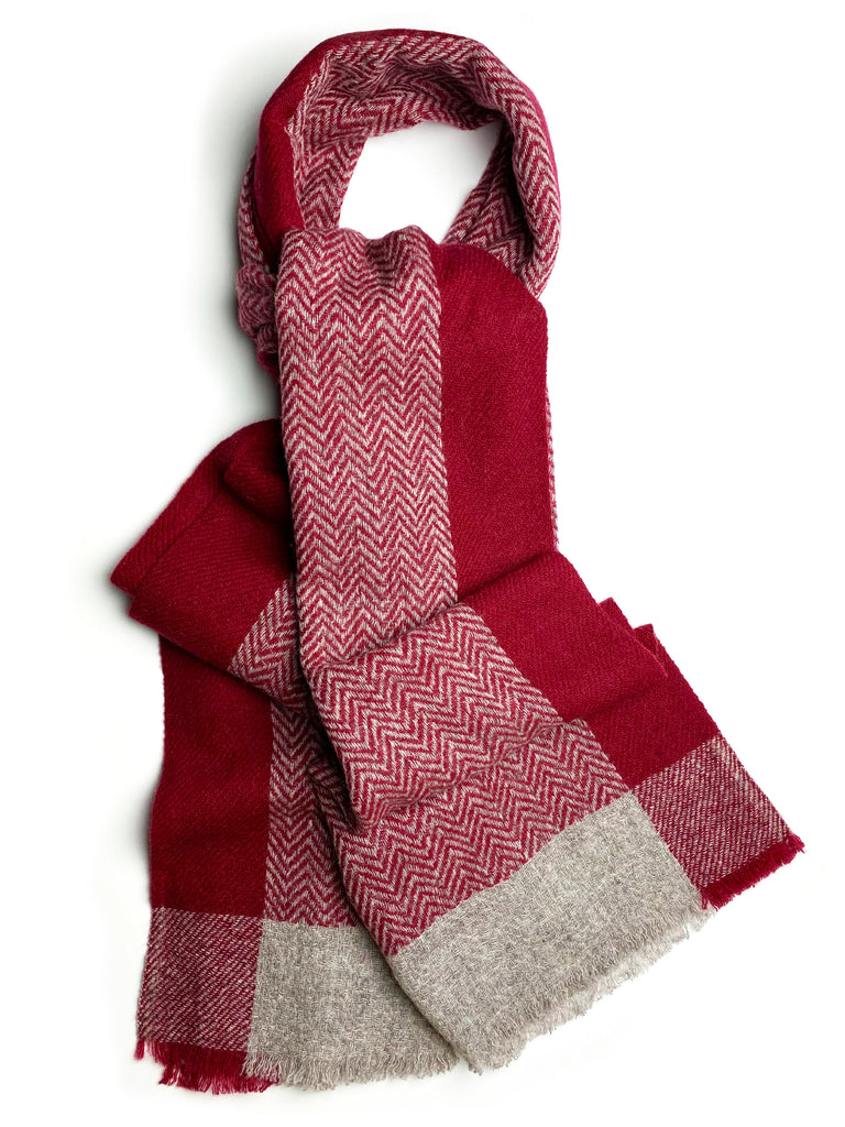 Pure Wool Herringbone Jacquard Scarf - RED/GREY