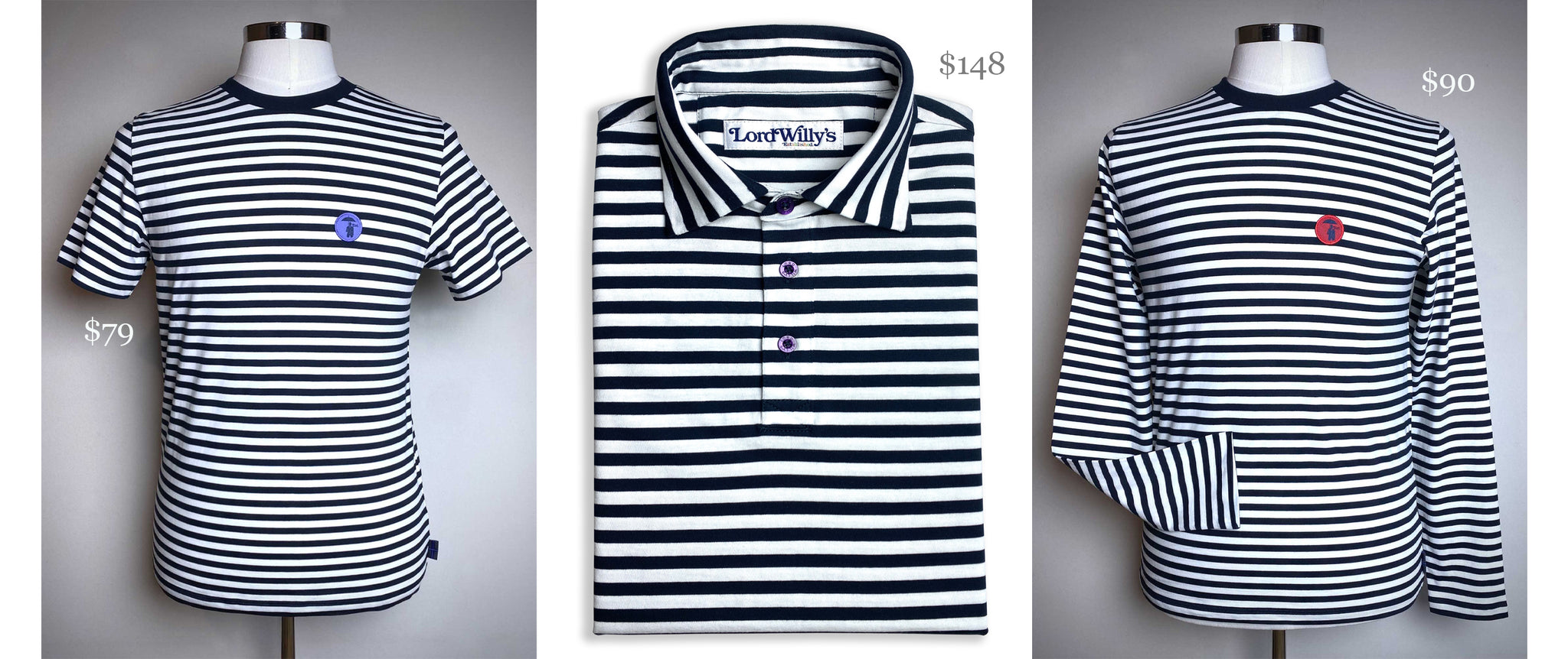 Stripe T $79. Stripe polo $148. Stripe Long sleeve T $90.