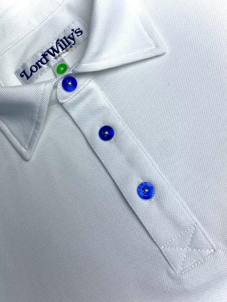 White Polo with BLUE Buttons.