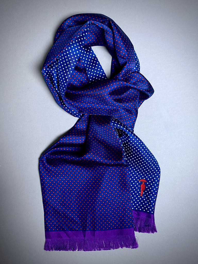 Lightweight Pure Silk Scarf/Neckerchief. Navy and Red/White.