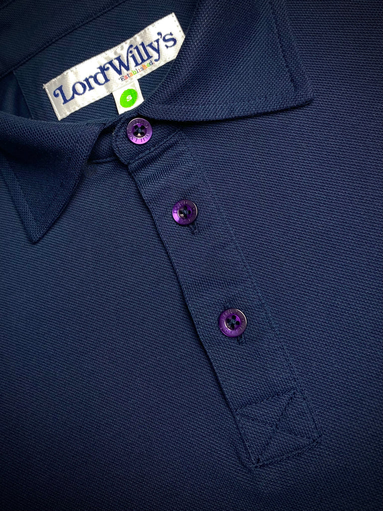 Navy Polo with PURPLE Buttons.