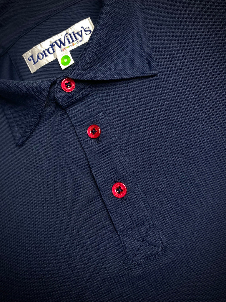 Navy Polo with RED Buttons.