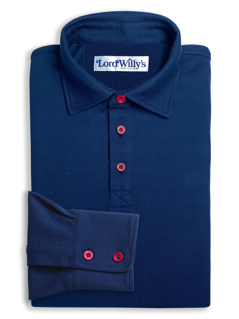 Long Sleeve Polo with RED Buttons.