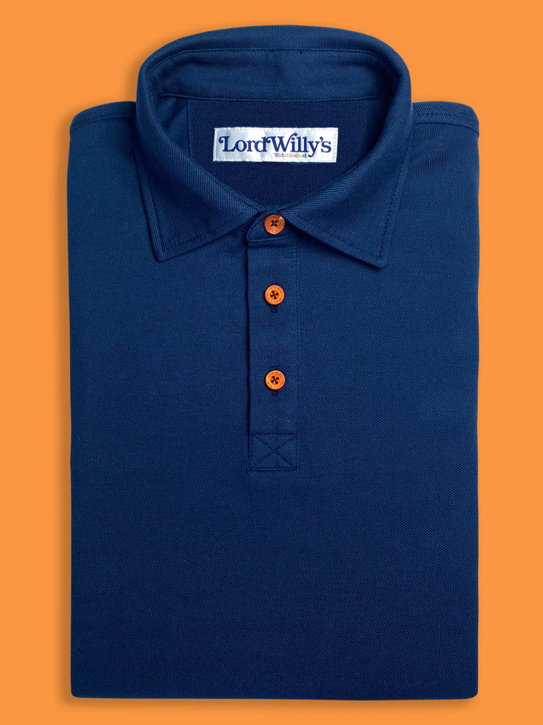 Navy Polo with ORANGE Buttons.