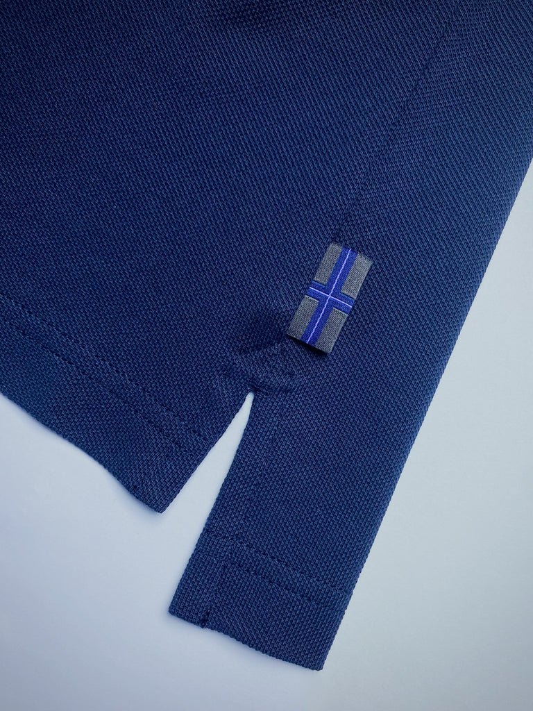 Navy Polo with PURPLE Buttons.