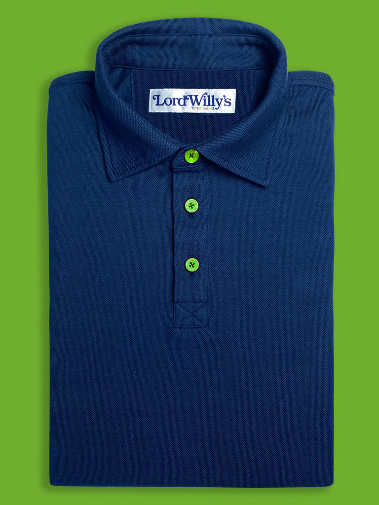 Navy Polo with GREEN Buttons.