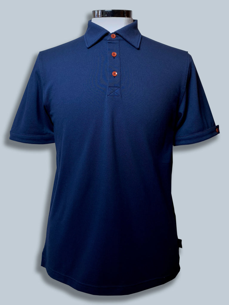 Navy Polo with ORANGE Buttons.