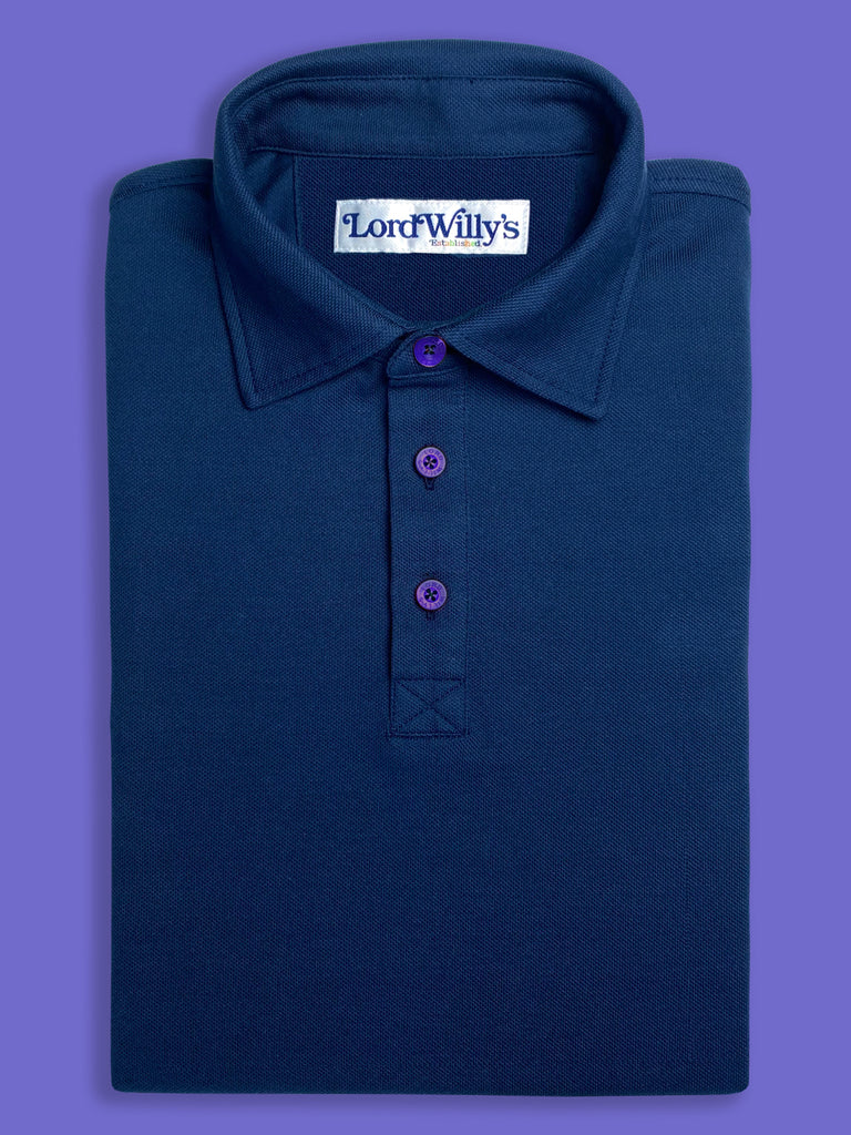 Navy Polo with PURPLE Buttons.