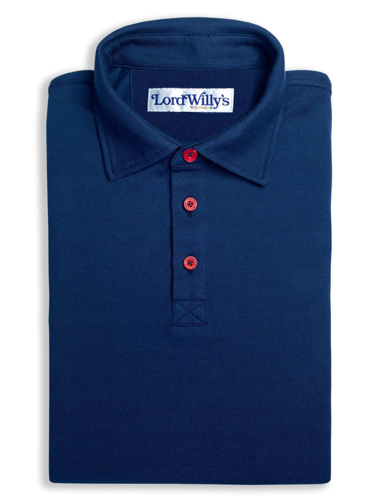 Lord Willy's. Established. Navy Polo with Red Buttons. Xs