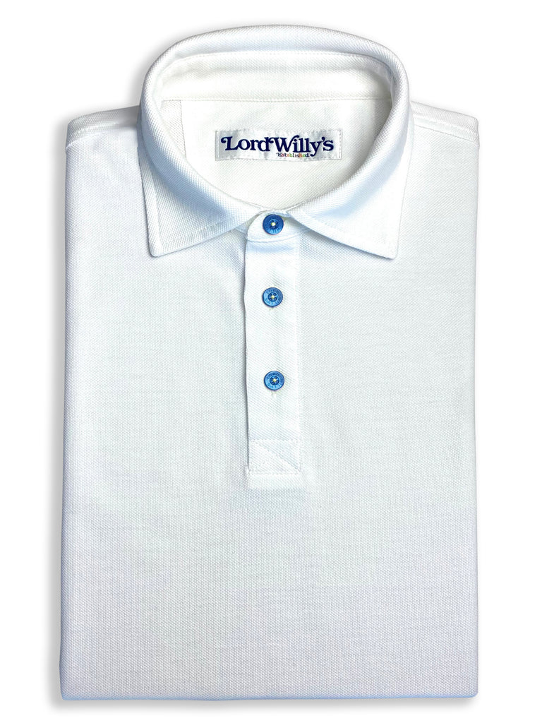 White Polo with BLUE Buttons.