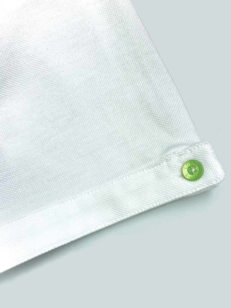 White Polo with GREEN Buttons.