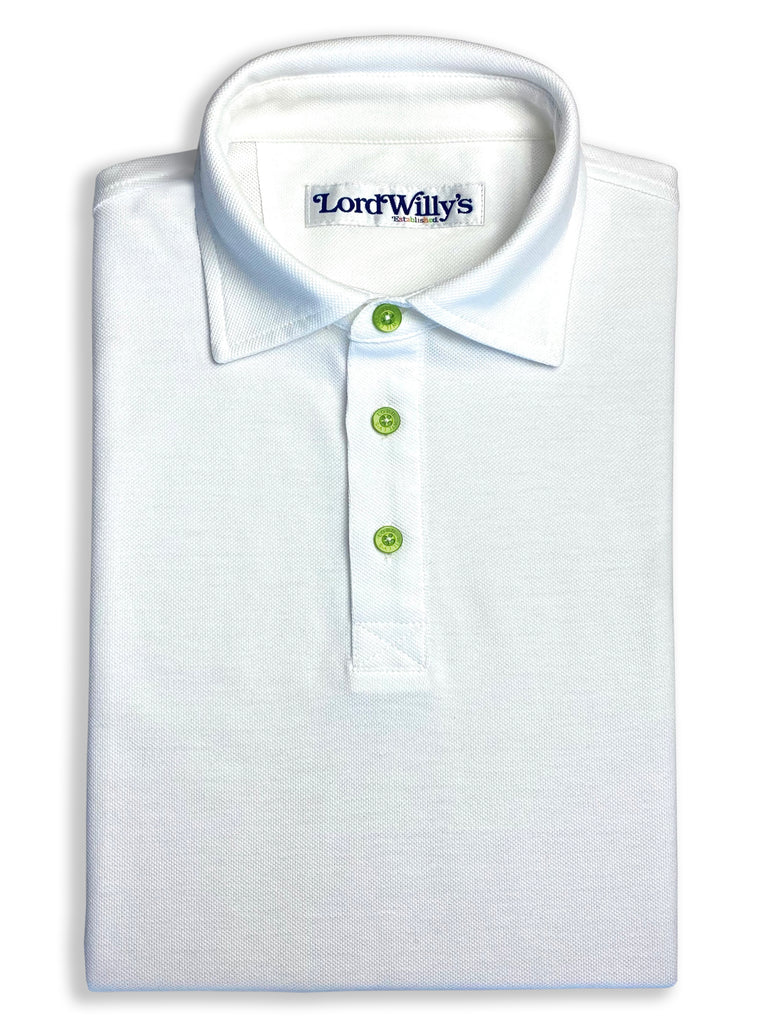 White Polo with GREEN Buttons.