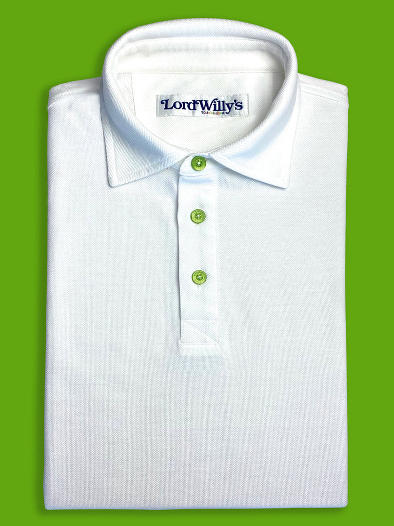 White Polo with GREEN Buttons.