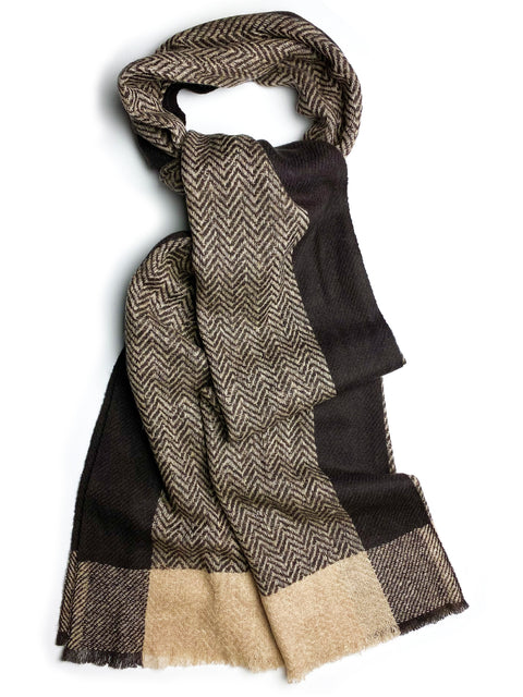 Pure Wool Herringbone Jacquard Scarf - CHOCOLATE/TAN