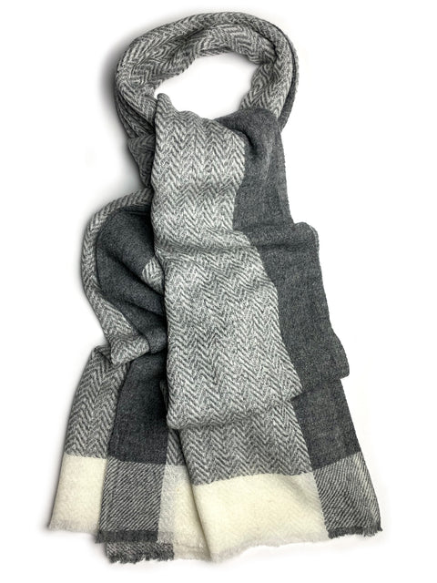Pure Wool Herringbone Jacquard Scarf - CHARCOAL/CREAM