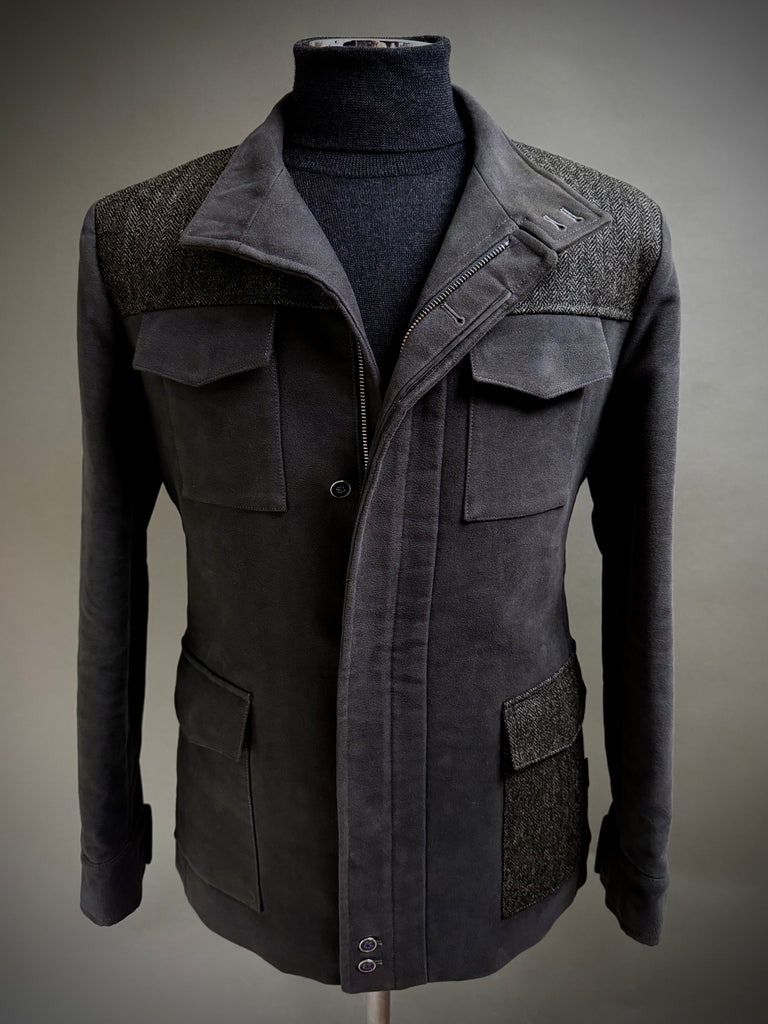 Grey Moleskin and Tweed Utility Coat.