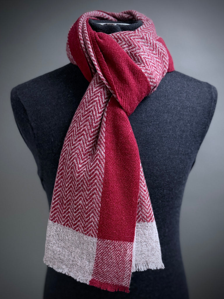 Pure Wool Herringbone Jacquard Scarf - RED/GREY
