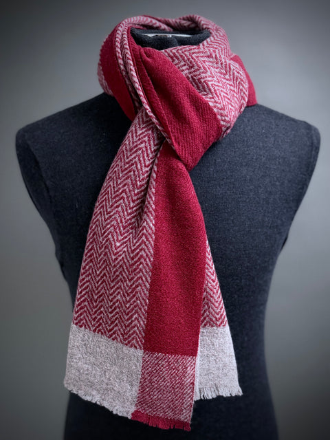 Pure Wool Herringbone Jacquard Scarf - RED/GREY