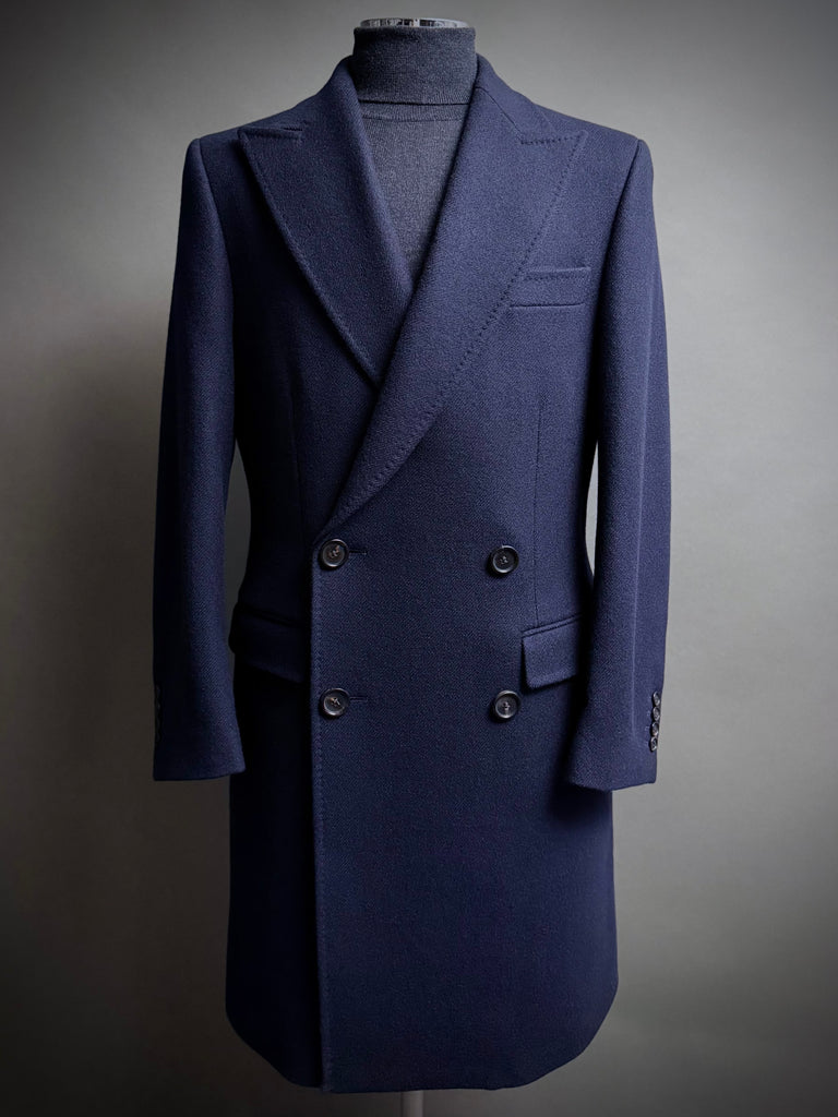 Pure New WOOL Navy Peak Lapel Overcoat.