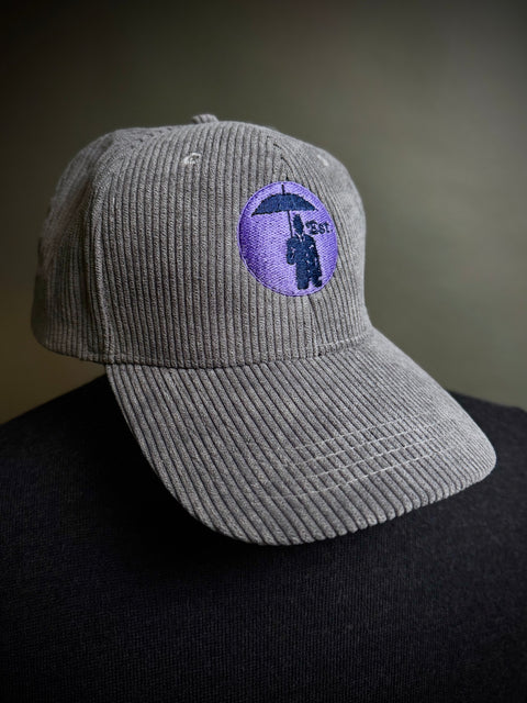 Corduroy Baseball Cap. Grey/Lilac Logo.