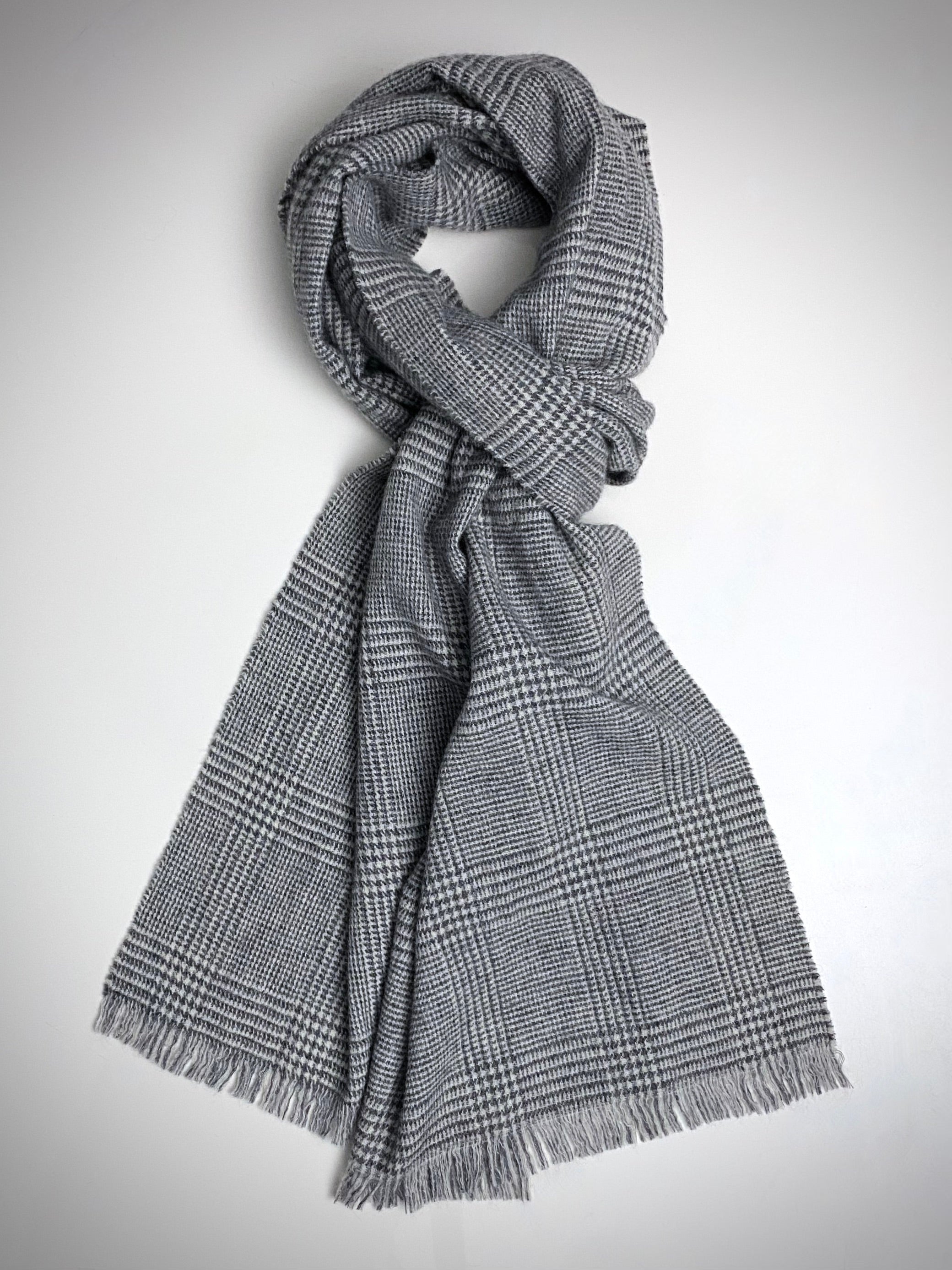 Lightweight Cashmere, Silk and Wool Grey Plaid Scarf.