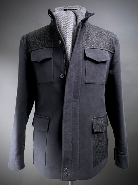Grey Moleskin and Tweed Utility Coat.