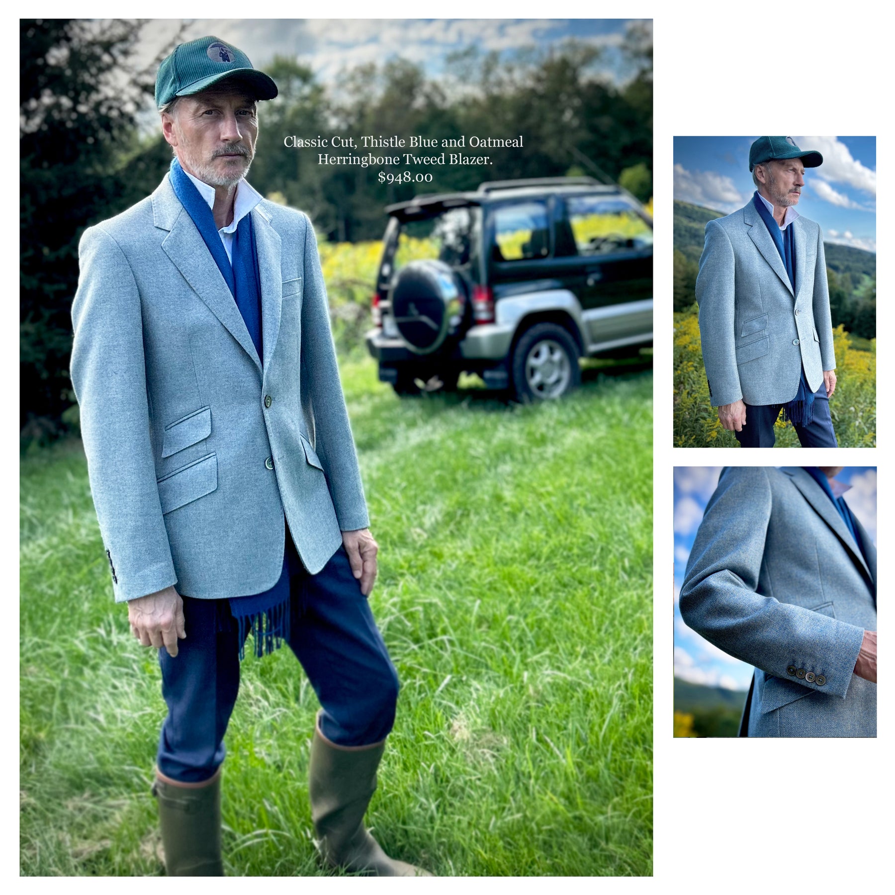 Man wearing pale blue tweed blazer. Thank you.