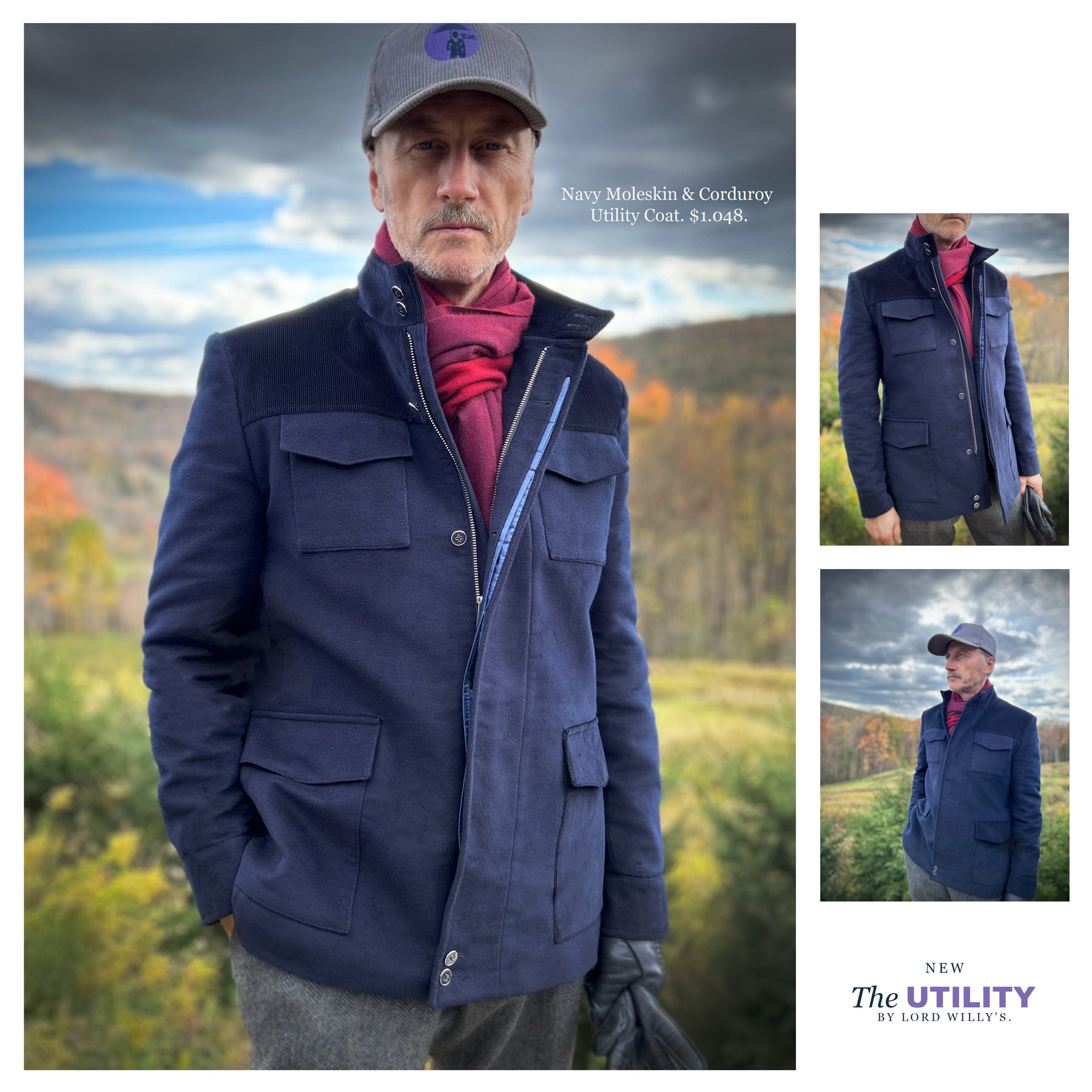 Man wearing Navy Utility Coat in Moleskin and Corduroy. $1,048. Thank you.