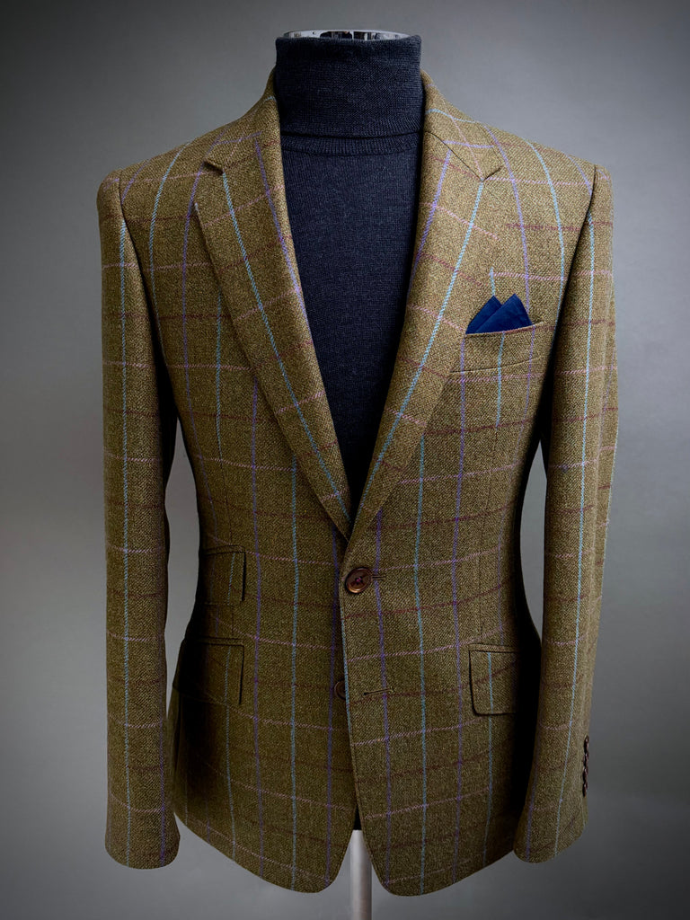 OLIVE WINDOW PANE TWEED. Classic Cut Blazer.
