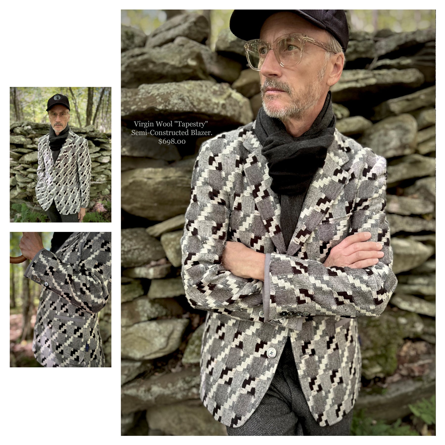 Man wearing Black, grey and natural tapestry blazer. Thank you.