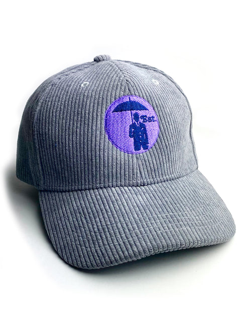 Corduroy Baseball Cap. Grey/Lilac Logo.