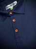 Navy Polo with ORANGE Buttons.