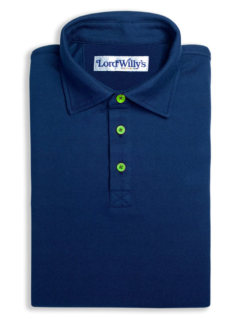 Navy Polo with GREEN Buttons.